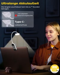 Bonsery Könyvcsipeszes olvasólámpa 360 rugalmas, USB-C újratölthető, 16 LED, fokozatmentes fényerő, 3 szín, fehér 4