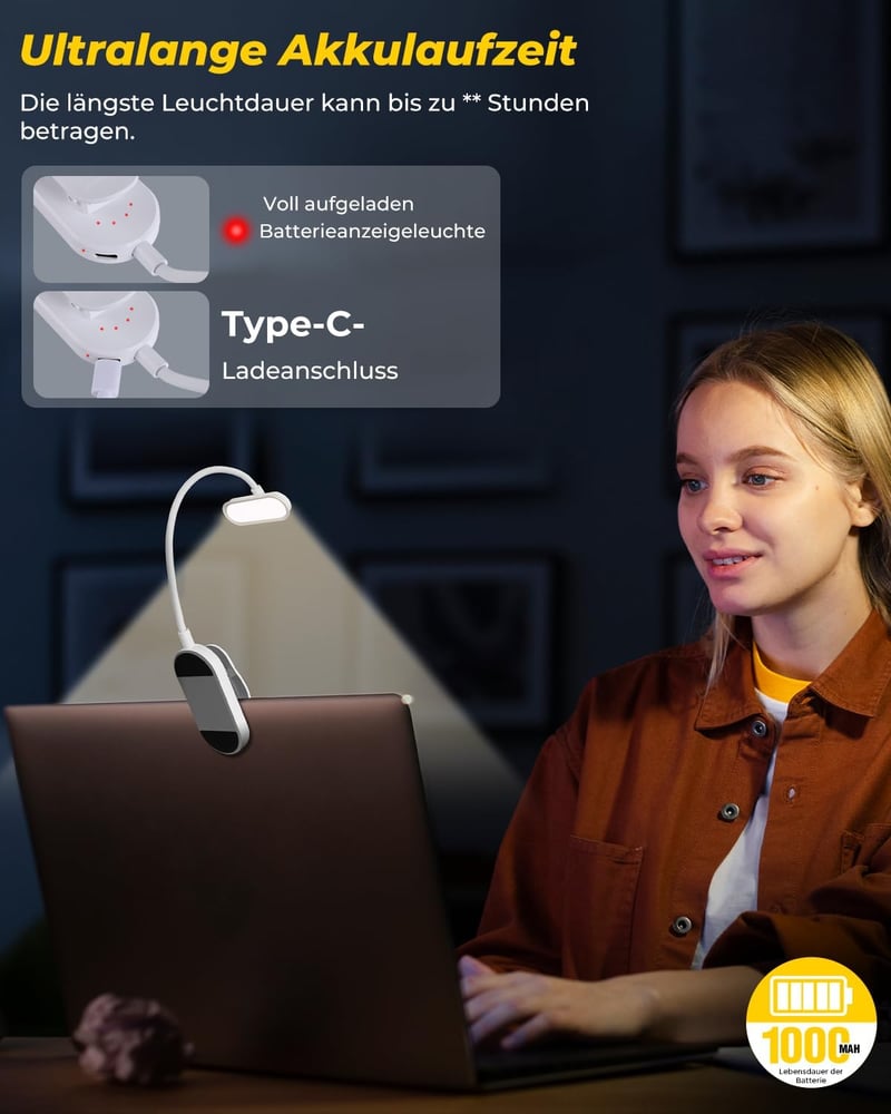 Bonsery Könyvcsipeszes olvasólámpa 360 rugalmas, USB-C újratölthető, 16 LED, fokozatmentes fényerő, 3 szín, fehér