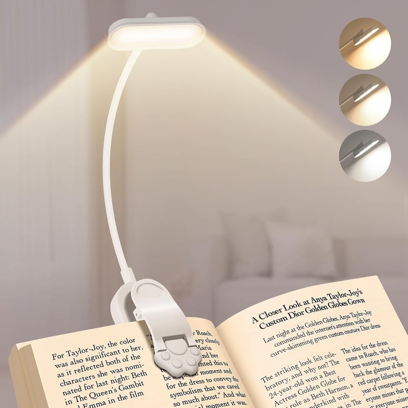 Bonsery Könyvcsipeszes olvasólámpa 360 rugalmas, USB-C újratölthető, 16 LED, fokozatmentes fényerő, 3 szín, fehér