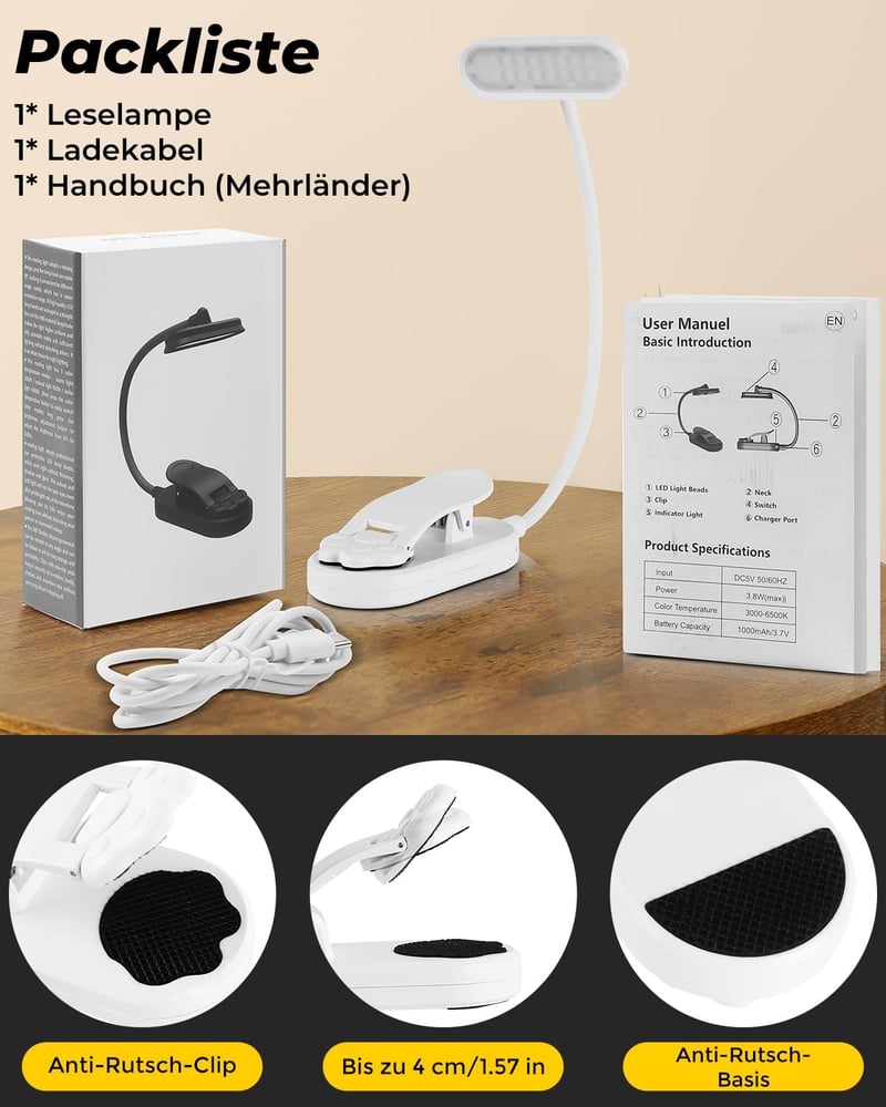 Bonsery Könyvcsipeszes olvasólámpa 360 rugalmas, USB-C újratölthető, 16 LED, fokozatmentes fényerő, 3 szín, fehér