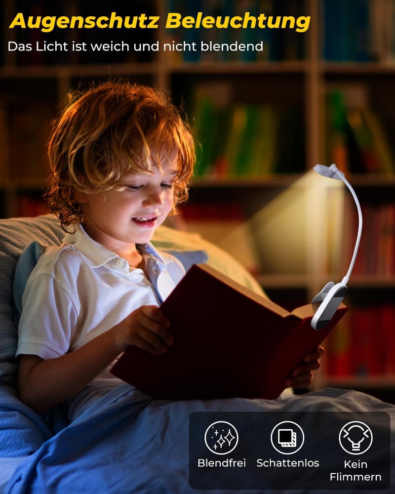 Bonsery Könyvcsipeszes olvasólámpa 360 rugalmas, USB-C újratölthető, 16 LED, fokozatmentes fényerő, 3 szín, fehér