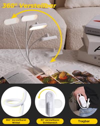 Bonsery Könyvcsipeszes olvasólámpa 360 rugalmas, USB-C újratölthető, 16 LED, fokozatmentes fényerő, 3 szín, fehér 3