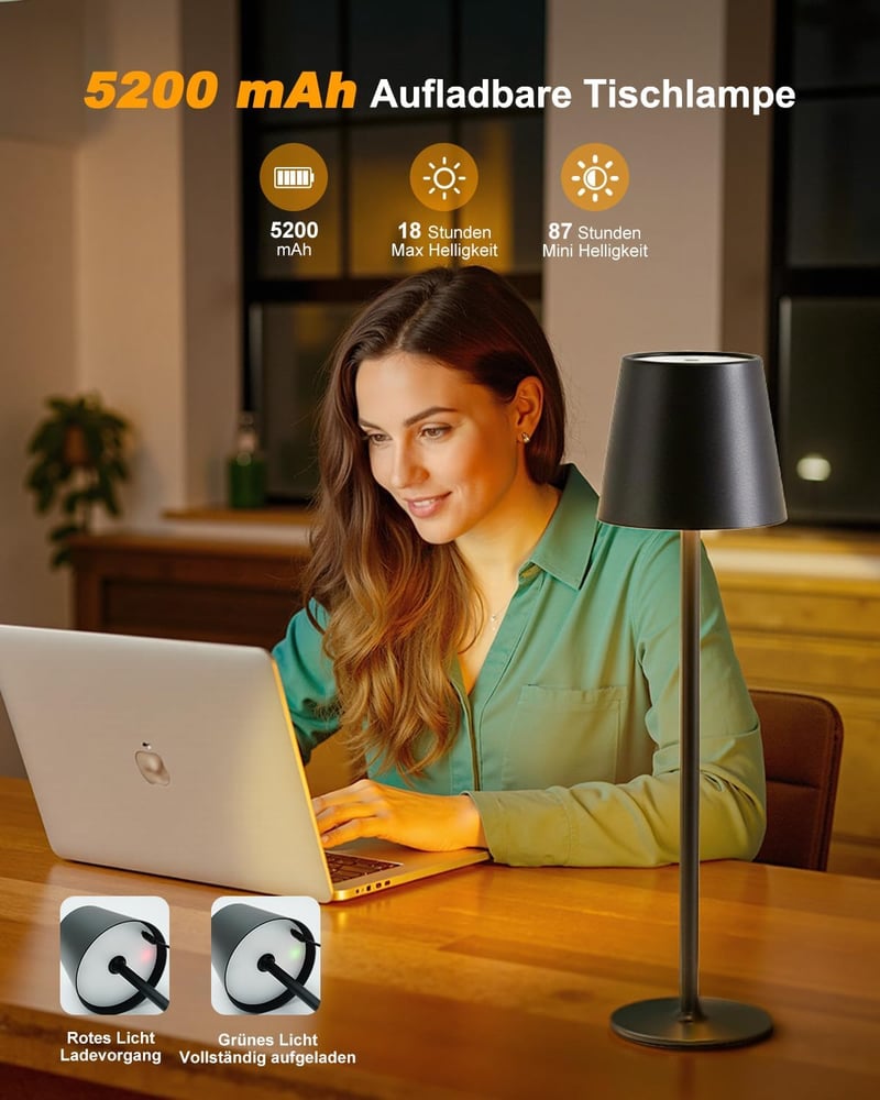 Bonsery LED asztali lámpa 5200 mAh akkumulátor, USB töltés, 3 színhőmérséklet, vízálló, dimmer