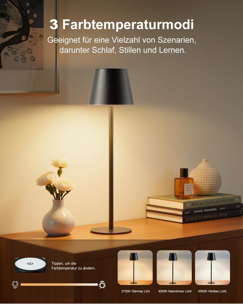 Bonsery LED asztali lámpa 5200 mAh akkumulátor, USB töltés, 3 színhőmérséklet, vízálló, dimmer