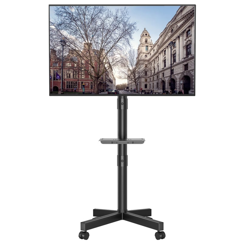 BONTEC TV stalak s nagibom i kotačićima za LED/LCD/OLED ekrane 23-60", mobilni TV nosač podesive visine s policom za medije, nosivost 25 kg