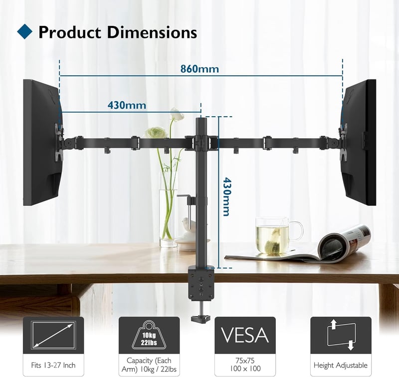 BONTEC Dupla Monitor Tartó Állvány 13-27" LCD/LED Képernyőkhöz - Ergonomikus, Teljes Mozgástartományú Karok, 22 kg Teherbírás - black