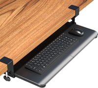 Tavă tastatură retractabilă BONTEC pentru birou, suport glisant mare cu clemă C, 650x300 mm, maro vintage, din lemn. 1