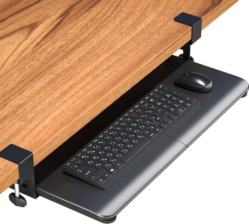 Tavă tastatură retractabilă BONTEC pentru birou, suport glisant mare cu clemă C, 650x300 mm, maro vintage, din lemn.