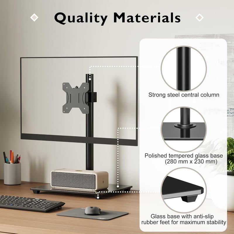 BONTEC Monitortartó Állvány 13-32" Lapos/Ívelt Képernyőkhöz, 10kg Teherbírás, Edzett Üveg Talp, Dönthető ±75° Forgatható ±80°, VESA 75/100mm