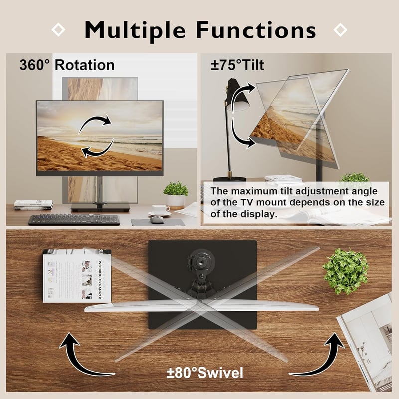 BONTEC Monitortartó Állvány 13-32" Lapos/Ívelt Képernyőkhöz, 10kg Teherbírás, Edzett Üveg Talp, Dönthető ±75° Forgatható ±80°, VESA 75/100mm