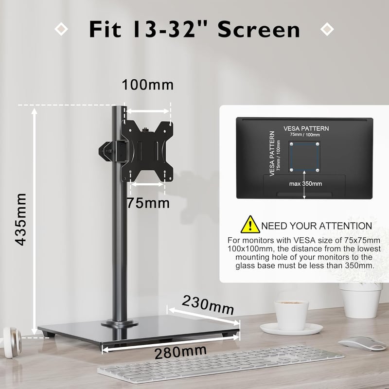 BONTEC Monitortartó Állvány 13-32" Lapos/Ívelt Képernyőkhöz, 10kg Teherbírás, Edzett Üveg Talp, Dönthető ±75° Forgatható ±80°, VESA 75/100mm