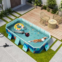 BOODPET Skladací bazén pre psov 223 cm modrý – Odolný záhradný bazén z PVC pre domácich miláčikov s vypúšťacím ventilom, protišmykovým dnom, loptičkami a súpravou na opravu 3