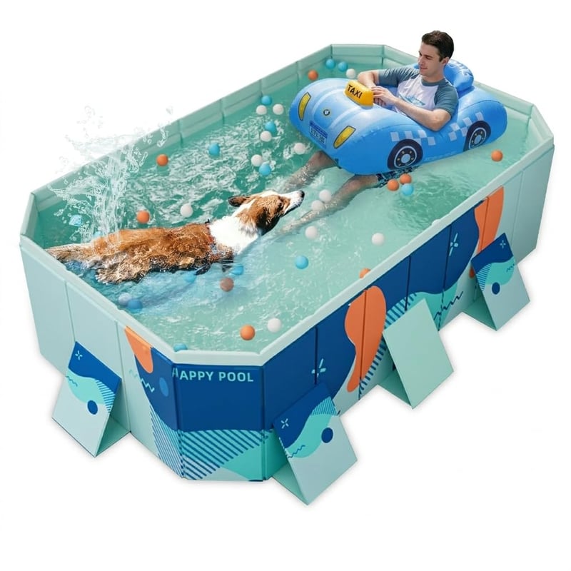 BOODPET Skladací bazén pre psov 223 cm modrý – Odolný záhradný bazén z PVC pre domácich miláčikov s vypúšťacím ventilom, protišmykovým dnom, loptičkami a súpravou na opravu