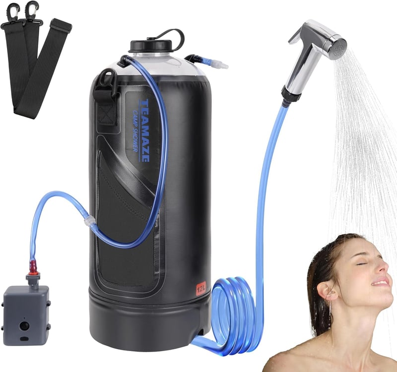 Duș de camping solar BOOSTEADY 12 L cu pompă de presiune automată