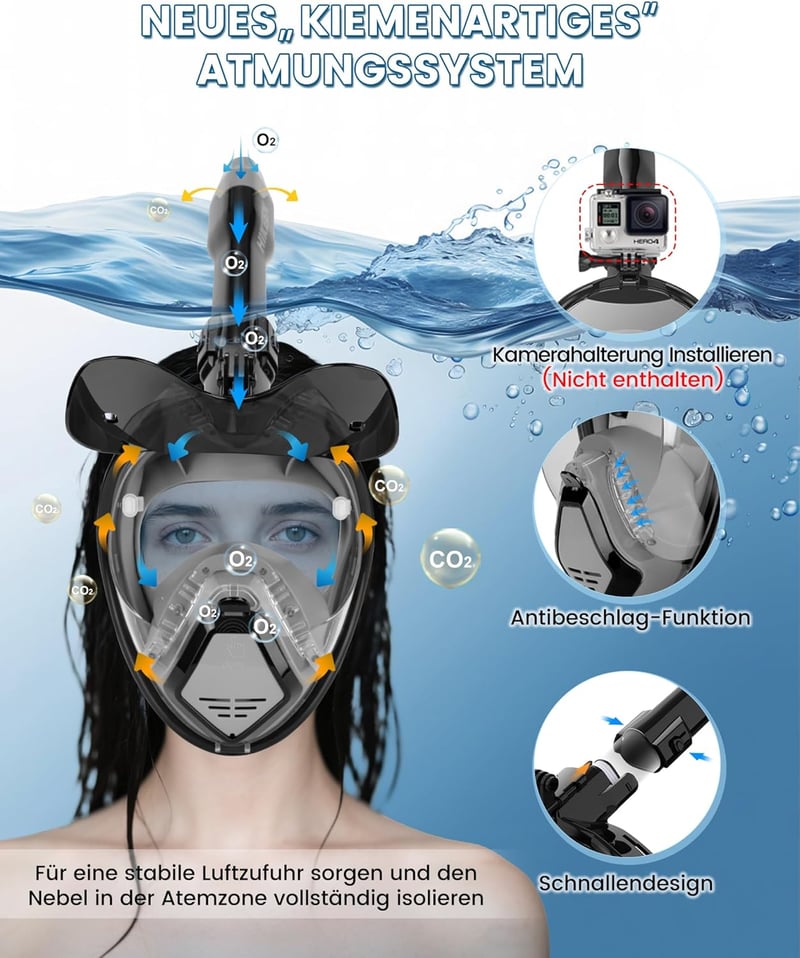 BOOSTEADY teljes arcú snorkel maszk napvédelemmel, száraz tetővel és beszélgetési funkcióval