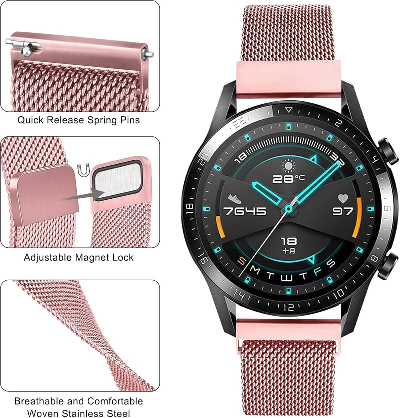 BootyBay 22mm Fém Szíj Huawei Watch GT 2, GT 2 Pro, GT 2e, GT 46mm, GT Klasszikus és GT Aktív Okosórákhoz - Rózsaszín