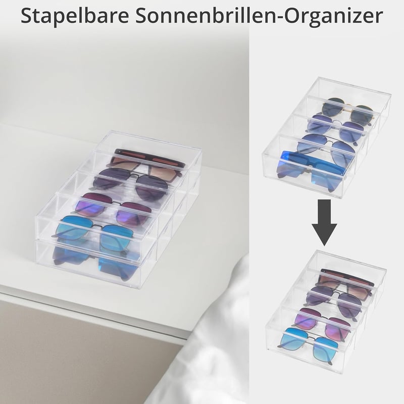 BootyBay Átlátszó Szemüvegtároló Szett - 2 db Egymásra Rakható Akril Szemüvegtartó 4 Fiókkal, 8 Szemüveghez - Tartós Műanyag Napszemüveg Ren