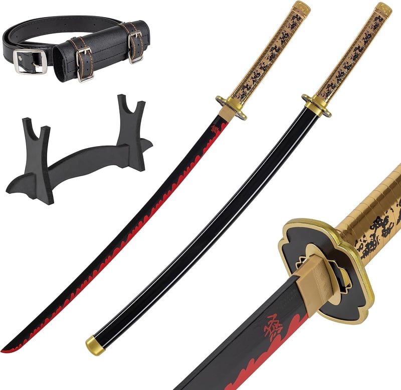 BootyBay Demon Slayer Yoriichi Tsugikuni Katana Kard 105 cm - Anime Cosplay Bambusz Fakard Övvel és Állvánnyal - Dekoratív Szamuráj Kard Rep