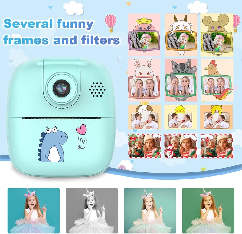 BootyBay Gyerek Digitális Fényképezőgép 1080P HD Selfie Kamera 32GB Kártyával, Azonnali Nyomtatás, 2.0" Kijelző, Fotó és Videó Funkció