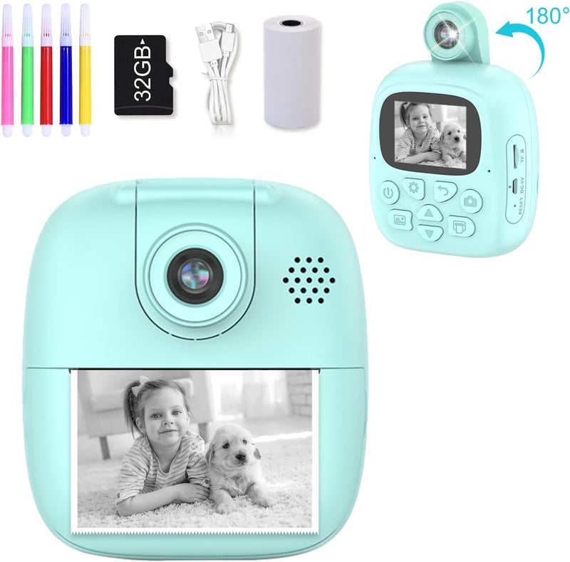 BootyBay Gyerek Digitális Fényképezőgép 1080P HD Selfie Kamera 32GB Kártyával, Azonnali Nyomtatás, 2.0" Kijelző, Fotó és Videó Funkció