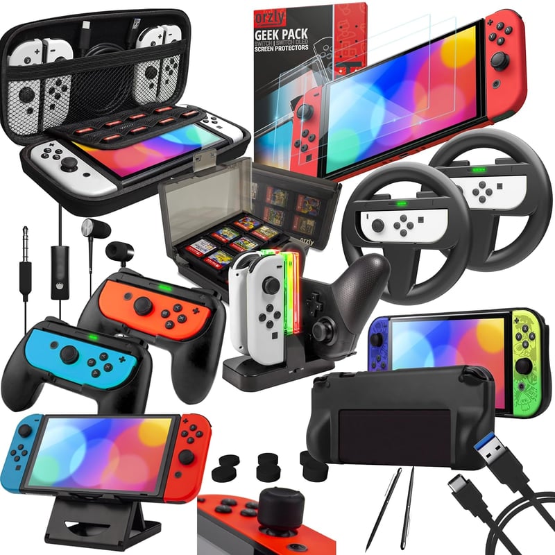 BootyBay Nintendo Switch Kiegészítő Csomag - 15 az 1-ben Fekete Szett Tokkal, Képernyővédővel, Joy-Con Markolatokkal, Verseny Kormányokkal é