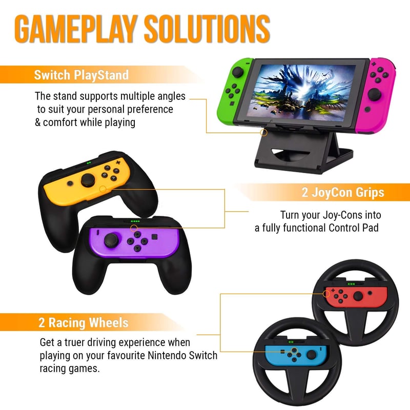BootyBay Nintendo Switch Kiegészítő Csomag - 15 az 1-ben Fekete Szett Tokkal, Képernyővédővel, Joy-Con Markolatokkal, Verseny Kormányokkal é