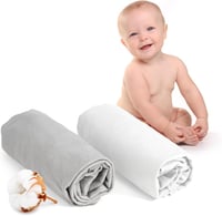 BootyBay Pamut Jersey Gumis Lepedő Szett - 2 db Fehér és Szürke Lepedő Kiságyba 60x120 cm - Puha Elasztikus Pamut Lepedő Babáknak 1