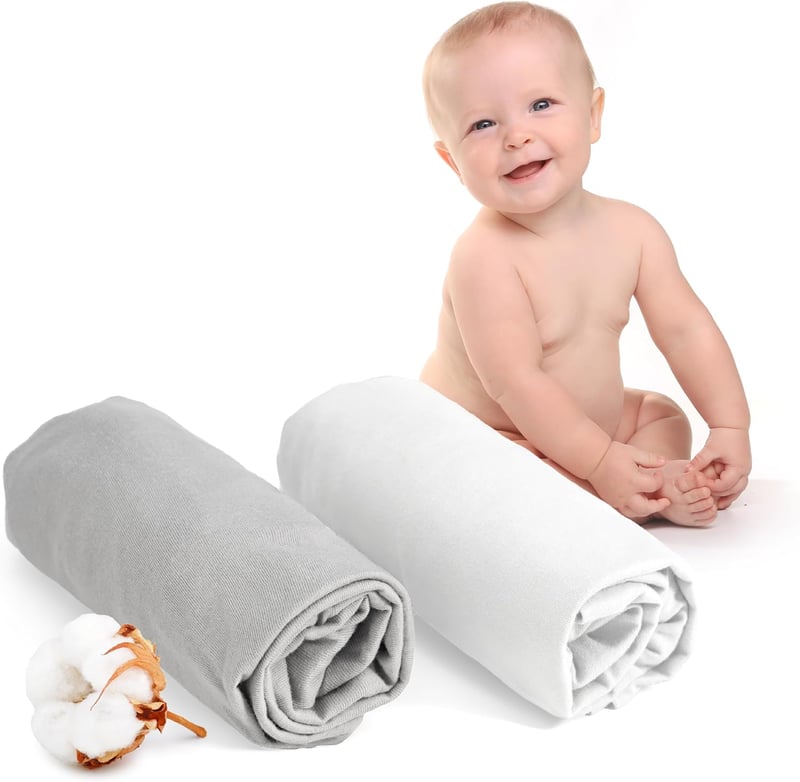 BootyBay Pamut Jersey Gumis Lepedő Szett - 2 db Fehér és Szürke Lepedő Kiságyba 60x120 cm - Puha Elasztikus Pamut Lepedő Babáknak