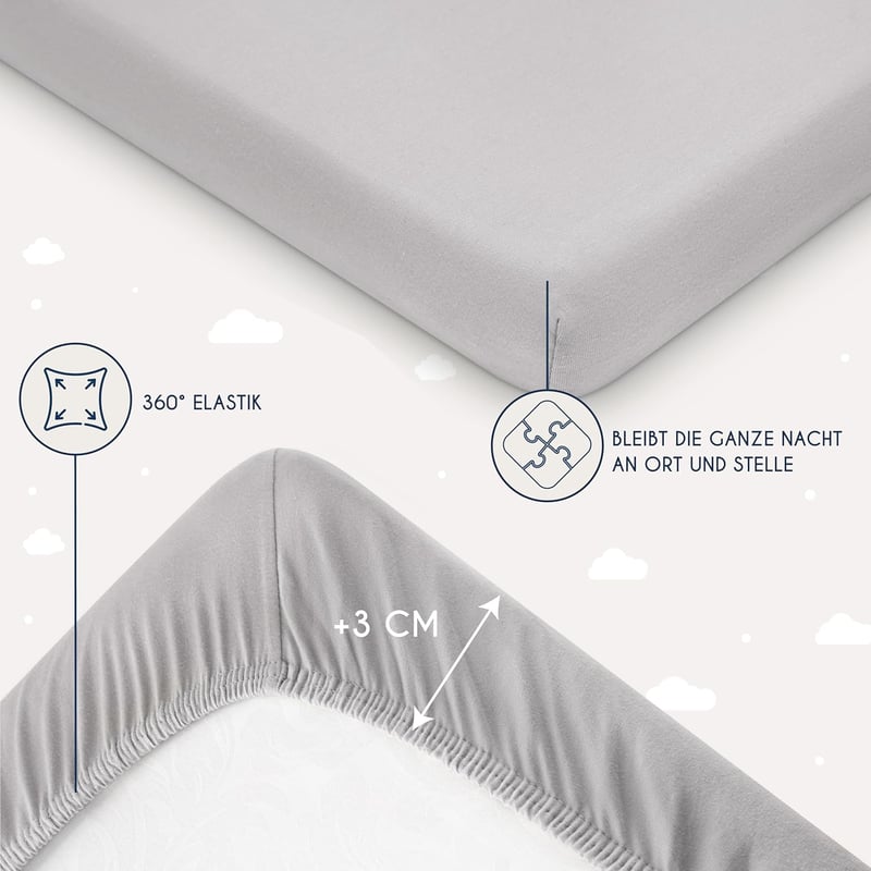 BootyBay Pamut Jersey Gumis Lepedő Szett - 2 db Fehér és Szürke Lepedő Kiságyba 60x120 cm - Puha Elasztikus Pamut Lepedő Babáknak