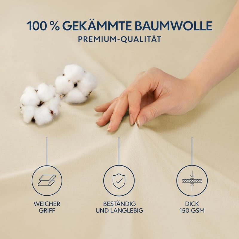 BootyBay Prémium Jersey Pamut Lepedő 160x200 cm - Bézs Gumis Lepedő Vastag Matracokhoz 27 cm-ig, 100% Pamut, Öko-Tex Tanúsítvánnyal