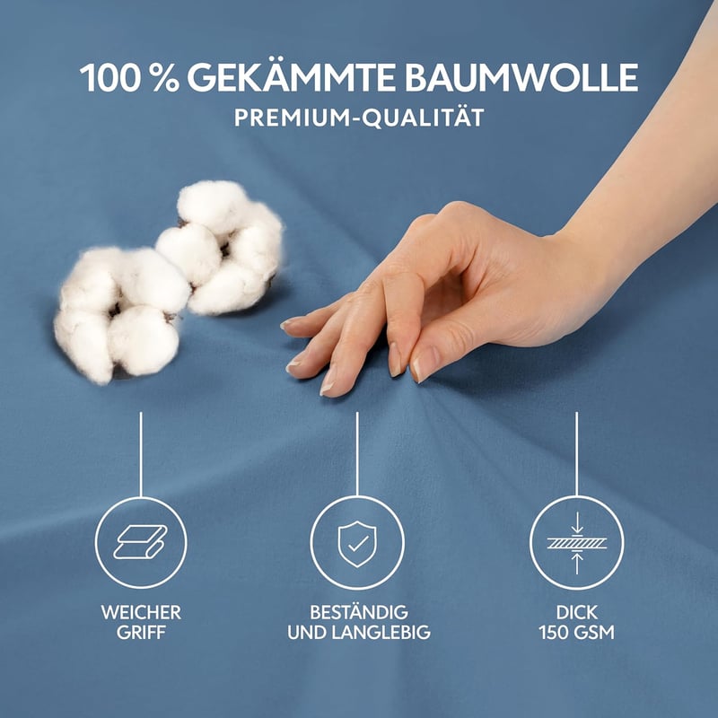 BootyBay Prémium Lepedő 100x200 cm - Kék Jersey Pamut Gumis Lepedő 22 cm Magas Matracokhoz - 100% Pamut, Oeko-Tex Tanúsított, Géppel Mosható