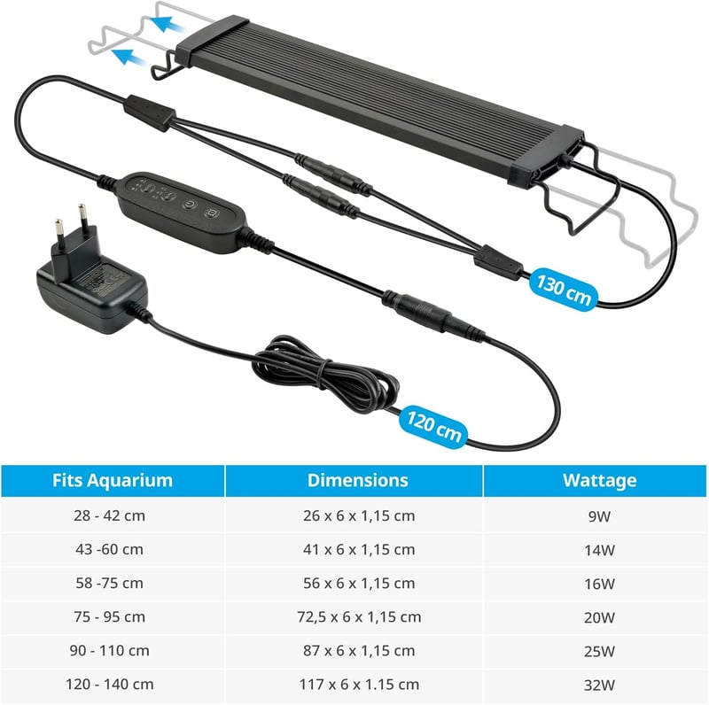 BootyBay SlimLED Akvárium Világítás Időzítővel - Teljes Spektrumú LED Lámpa Vízi Növényekhez és Édesvízi Medencékhez - 90-110 cm, 25W, Feket