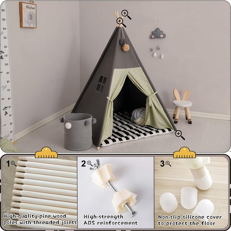 BootyBay Teepee sátor gyerekeknek szürke csíkos párnával hordtáskával - Grey