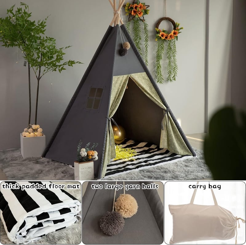 BootyBay Teepee sátor gyerekeknek szürke csíkos párnával hordtáskával - Grey