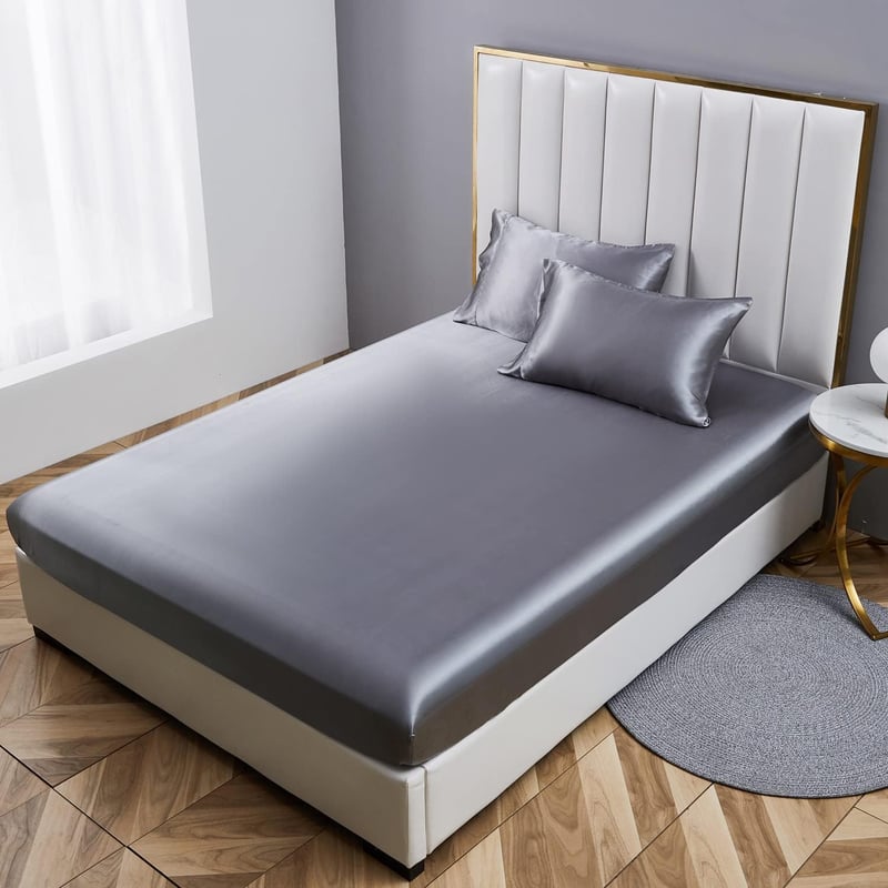 Boqingzhu szatén gumis lepedő 180x200 cm antracit szürke mikroszálas ágynemű - 180 x 200 x 30 cm, Satin Dark Grey