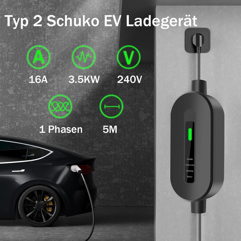 BORENOR Type 2 Schuko 3.7kW hordozható EV töltőkábel 16A 5m