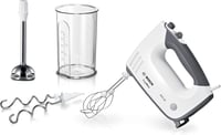 Bosch ErgoMixx MFQ37470 Hand Mixer, with Purée Stick, Mixing Cup, Stainless Steel Stirrer, Dough Hook, Dishwasher Safe, 5 Levels Plus Turbo Button, White/Grey, 750 W 4