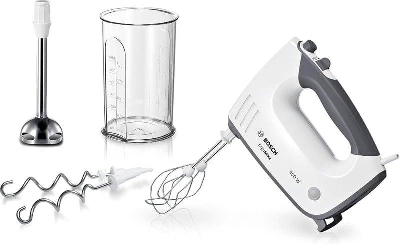 Bosch ErgoMixx MFQ37470 Hand Mixer, with Purée Stick, Mixing Cup, Stainless Steel Stirrer, Dough Hook, Dishwasher Safe, 5 Levels Plus Turbo Button, White/Grey, 750 W