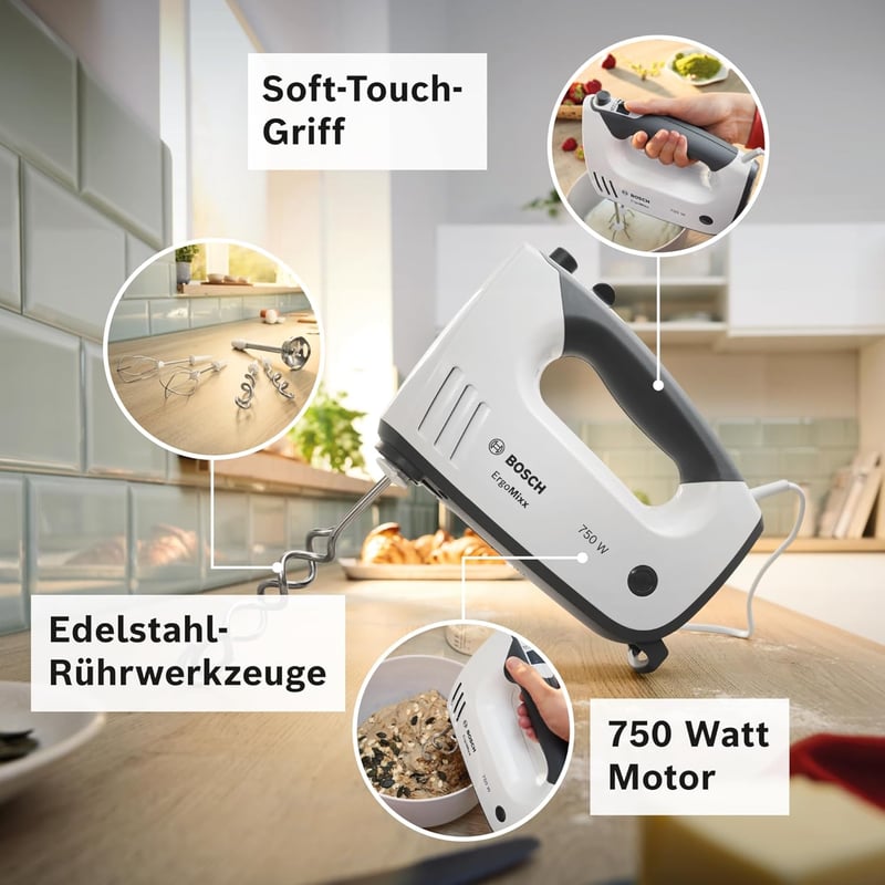 Bosch ErgoMixx MFQ37470 Hand Mixer, with Purée Stick, Mixing Cup, Stainless Steel Stirrer, Dough Hook, Dishwasher Safe, 5 Levels Plus Turbo Button, White/Grey, 750 W