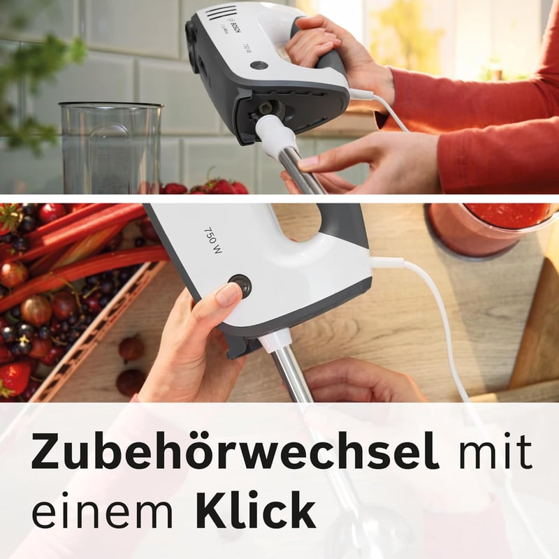 Bosch ErgoMixx MFQ37470 Hand Mixer, with Purée Stick, Mixing Cup, Stainless Steel Stirrer, Dough Hook, Dishwasher Safe, 5 Levels Plus Turbo Button, White/Grey, 750 W