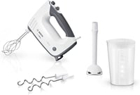 Bosch ErgoMixx MFQ37470 Hand Mixer, with Purée Stick, Mixing Cup, Stainless Steel Stirrer, Dough Hook, Dishwasher Safe, 5 Levels Plus Turbo Button, White/Grey, 750 W 1