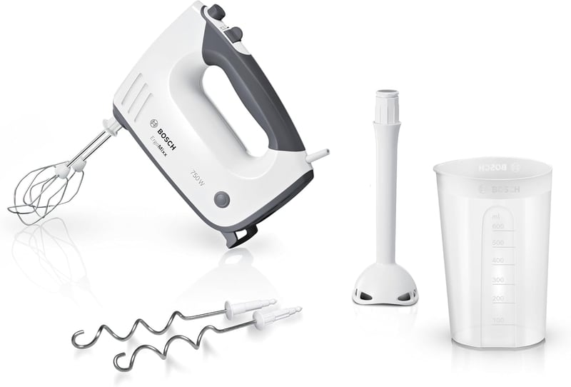 Bosch ErgoMixx MFQ37470 Hand Mixer, with Purée Stick, Mixing Cup, Stainless Steel Stirrer, Dough Hook, Dishwasher Safe, 5 Levels Plus Turbo Button, White/Grey, 750 W
