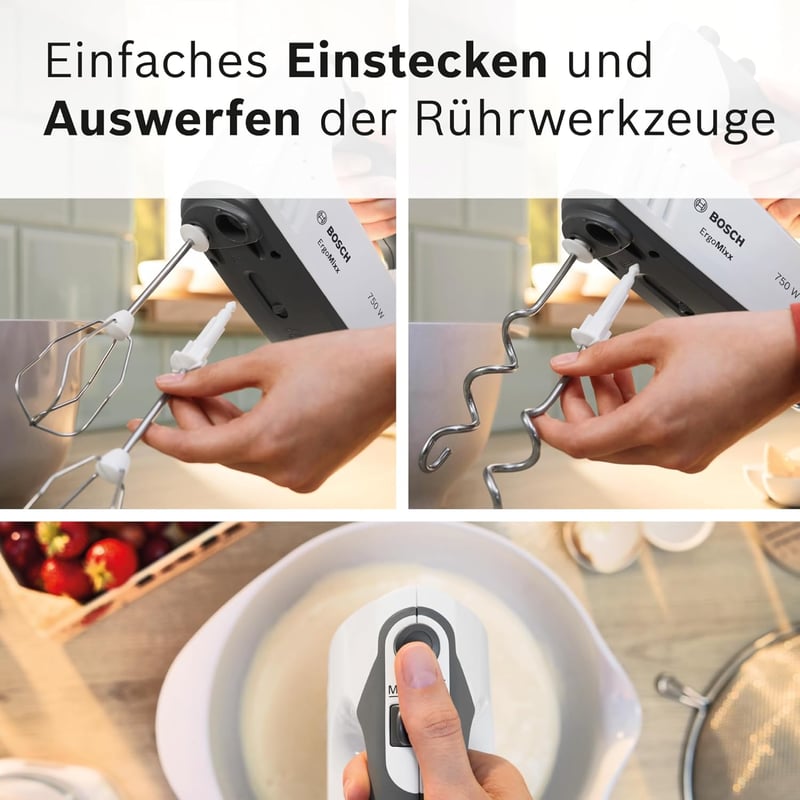 Bosch ErgoMixx MFQ37470 Hand Mixer, with Purée Stick, Mixing Cup, Stainless Steel Stirrer, Dough Hook, Dishwasher Safe, 5 Levels Plus Turbo Button, White/Grey, 750 W