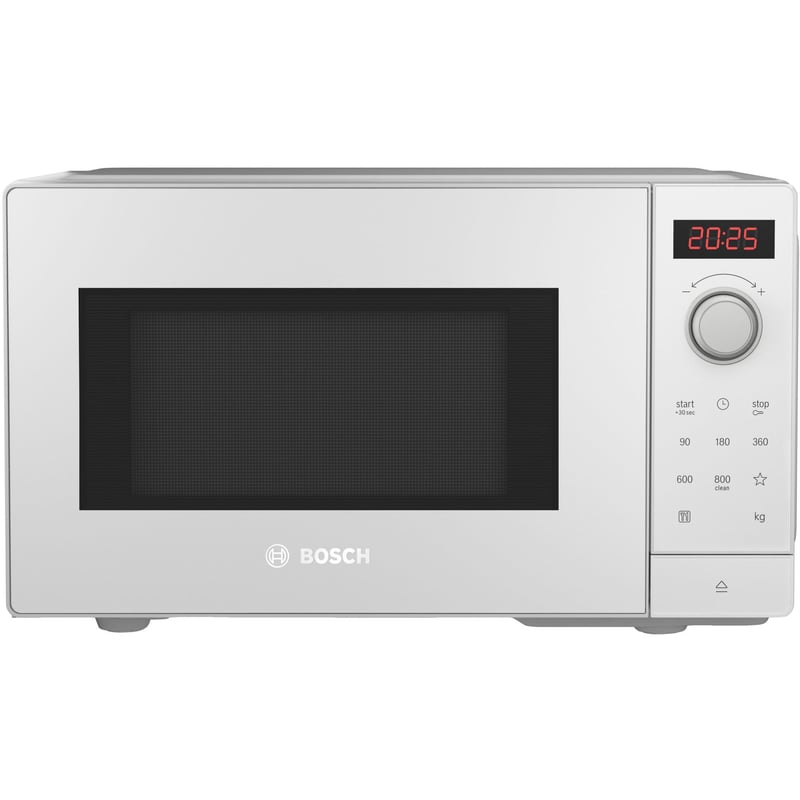 Cuptor cu microunde Bosch FFL023MW0 Seria 2, 800 W, 26x44 cm, platou 27 cm, AutoPilot 7, afișaj tactil LED, balamale pe stânga, alb