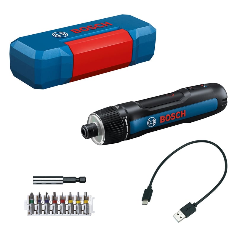 Șurubelniță cu acumulator Bosch GO 3 cu set de 8 biți, suport pentru biți, cablu USB-C și mini-valiză
