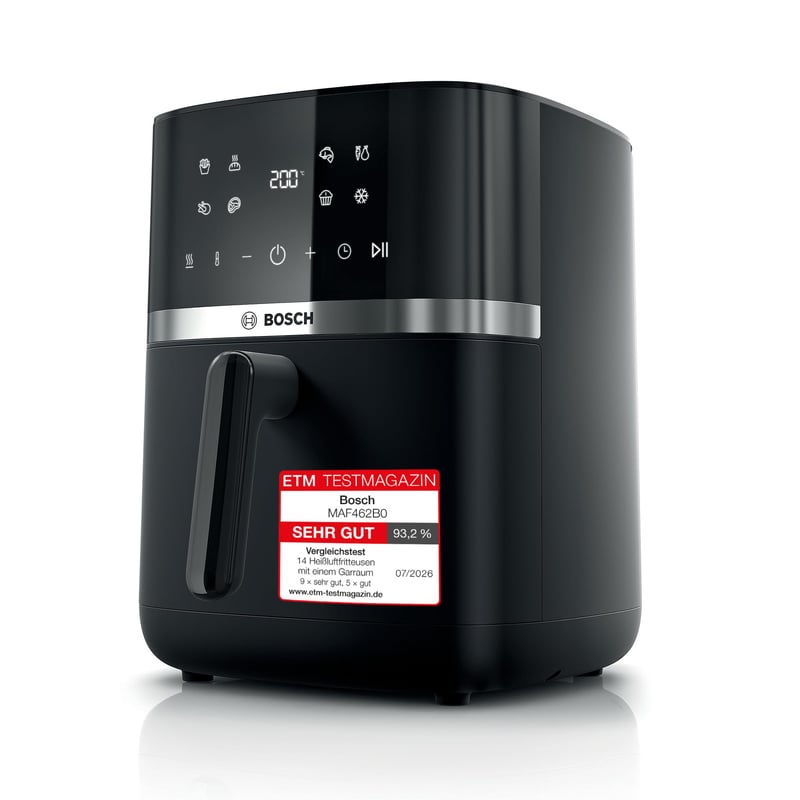 Friteuză cu aer cald Bosch MAF462B0 Seria 4 XL, 6,1 L, Negru, 7 Programe, Ecran tactil, Funcții de decongelare și menținere la cald, gătire cu 60% mai rapidă