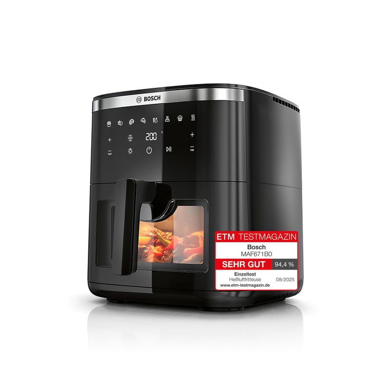 Friteuză cu aer cald Bosch MAF671B0 Seria 6 XXL 7,2 L, 7 programe presetate, fereastră iluminată, gătire cu 65% mai rapidă, negru