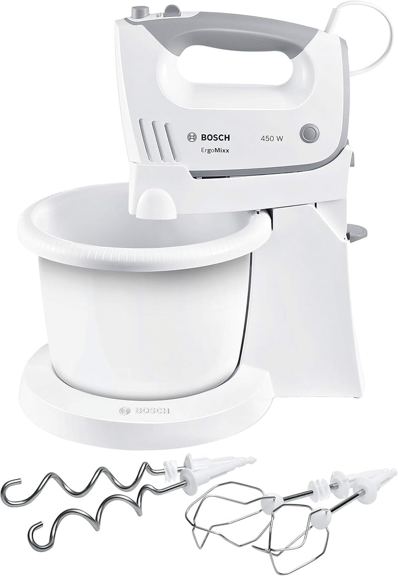 Bosch MFQ36460 Hand Mixer, Mixing Bowl Plus Stand/Holder, 2 Whisks, 2 Stainless Steel Dough Hooks, 450 W, White