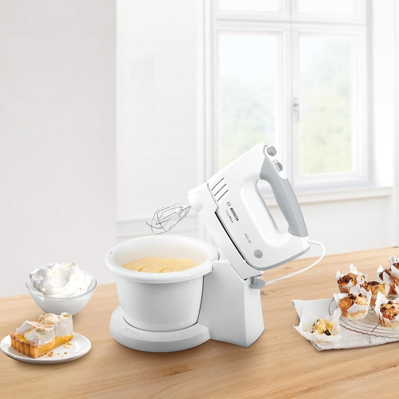 Bosch MFQ36460 Hand Mixer, Mixing Bowl Plus Stand/Holder, 2 Whisks, 2 Stainless Steel Dough Hooks, 450 W, White