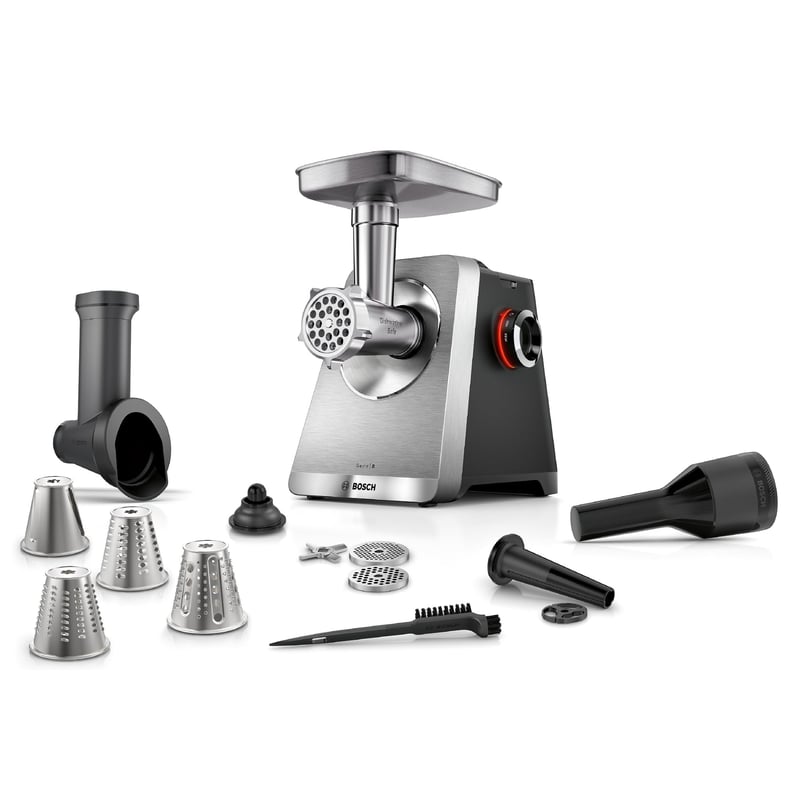 Mlynček na mäso Bosch MultiPower MFWS840M Serie 8, 2500 W, 3 dierované kotúče (3/4,5/8 mm), nehrdzavejúca oceľ, vhodný do umývačky riadu, čierny